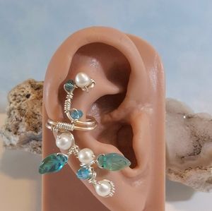 Boho Silver Ear Cuff White Pearl Wire Wrap Sparkle